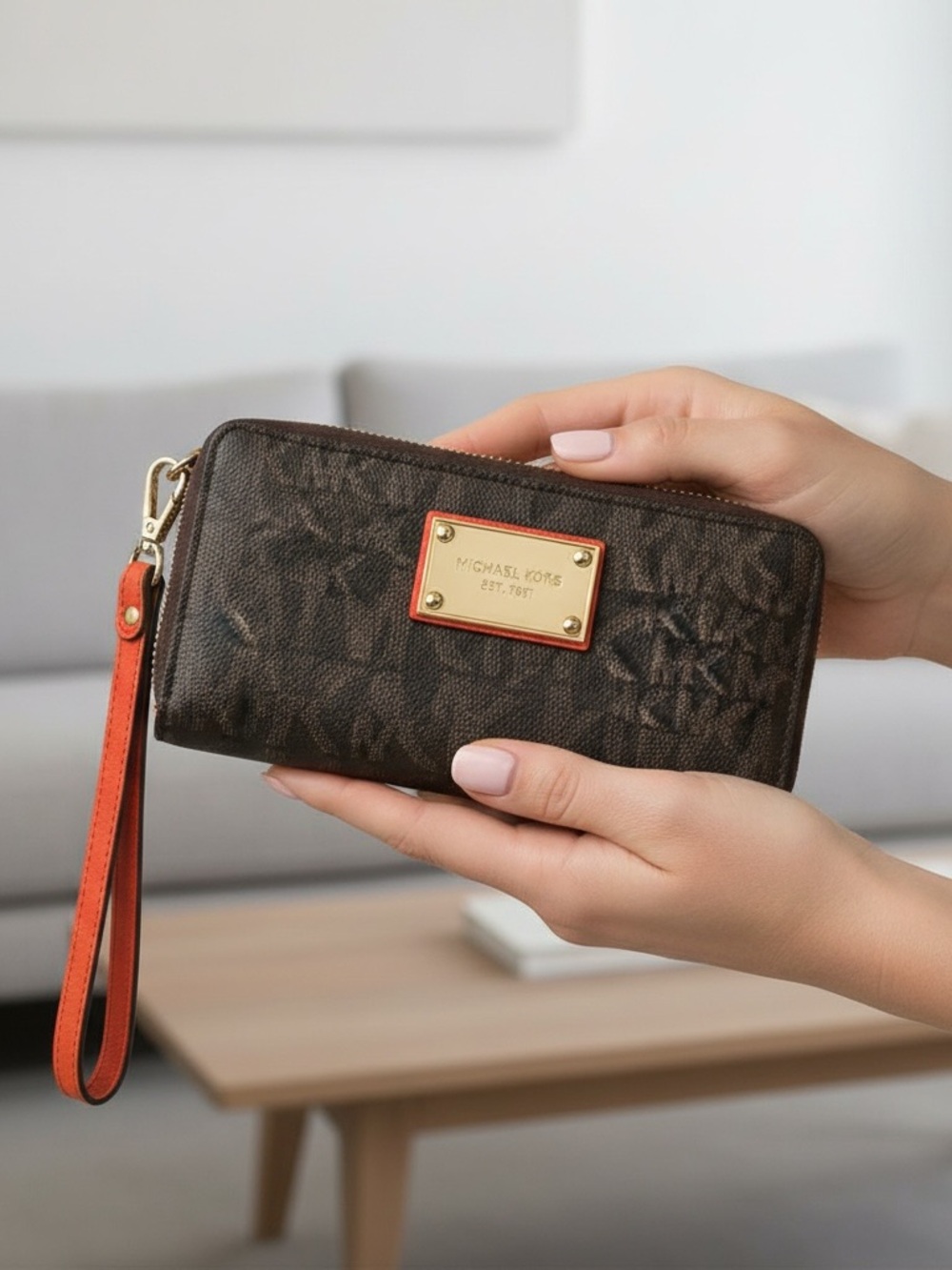 MK JetSet Travel Signature PVC Large Zip Wristlet Brown Logo Print w/Orange Trim